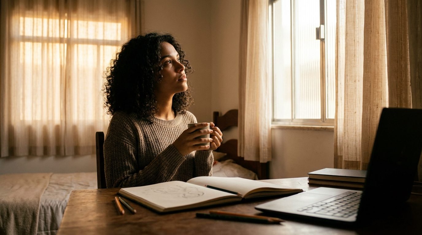 Jovem pensativa estudando com caderno e notebook ao lado da janela