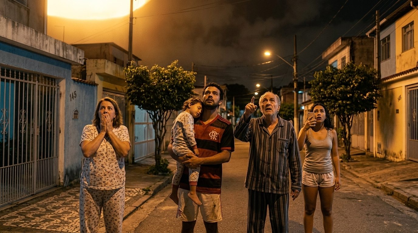 Família brasileira olhando assustada para o céu numa rua de periferia — cena de ficção científica que custaria uma fortuna na produção tradicional