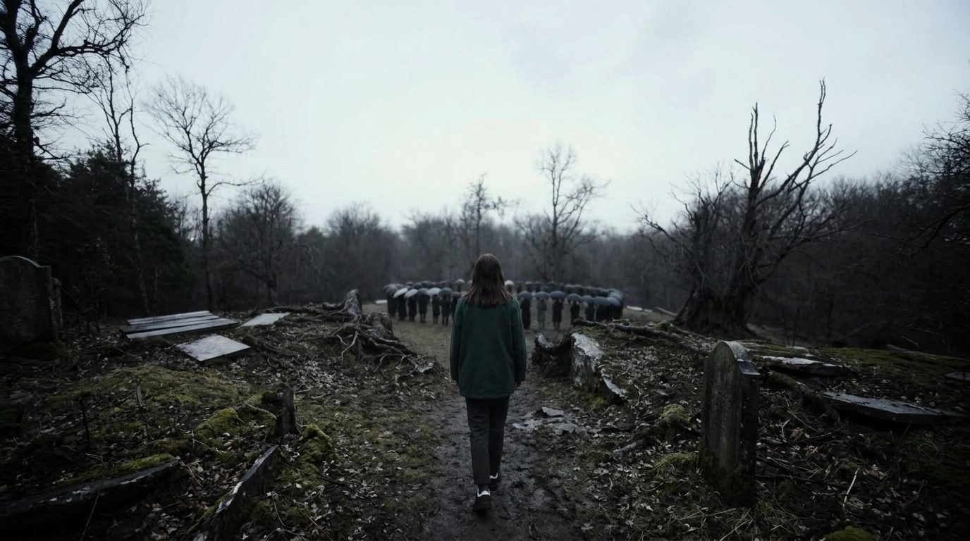 Menina caminhando em direção a um velório em um cemitério enevoado — cena dramática de filme