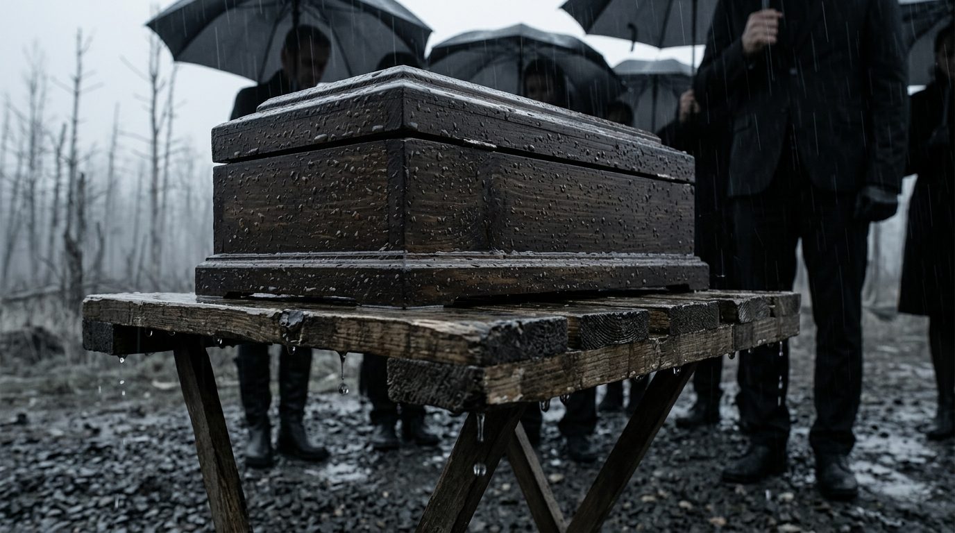Caixão em uma cena de funeral — plano dramático de um filme feito com IA