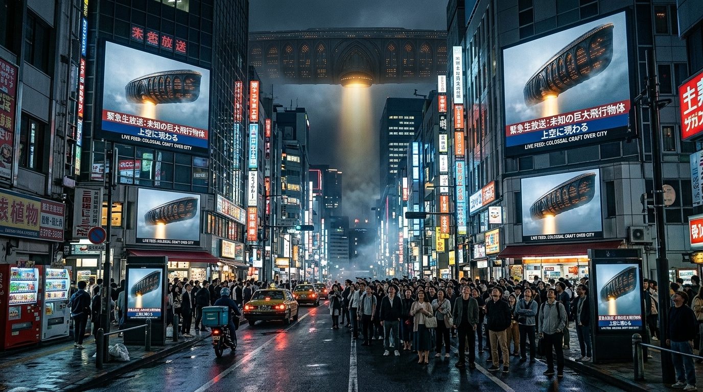 Cidade cyberpunk à noite com uma nave gigante nos telões — o tipo de resultado poderoso de um estúdio de IA como o Higgsfield
