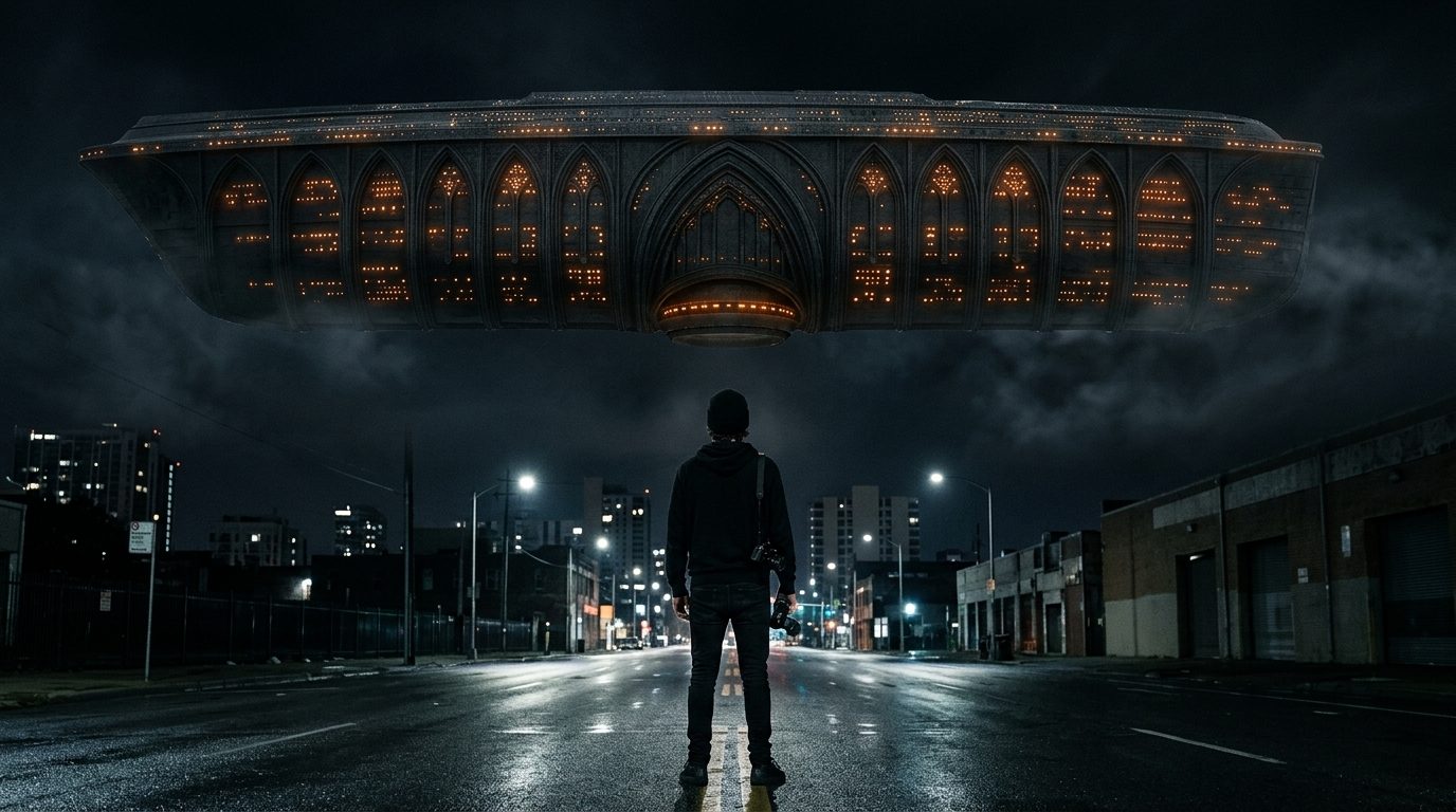 Cineasta com uma câmera diante de uma nave gigante em uma rua deserta à noite