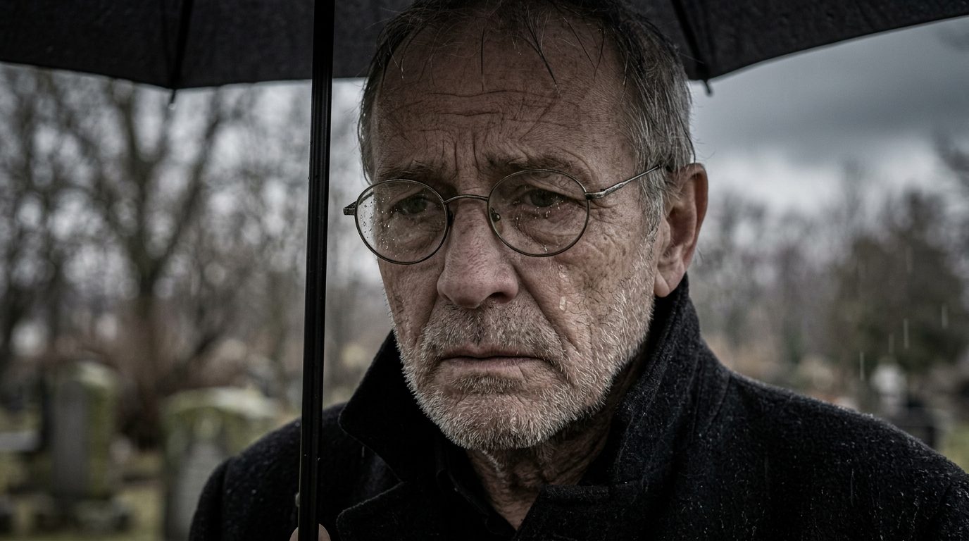 Primeiro plano do rosto emocionado de um homem idoso sob a chuva