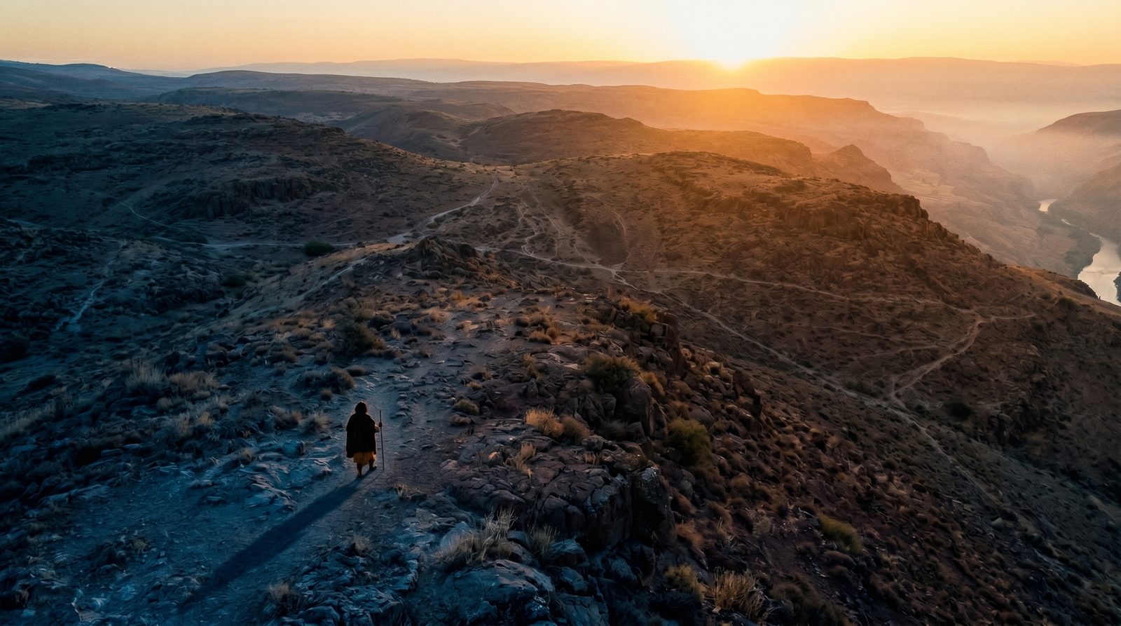 Personagem caminhando ao amanhecer em paisagem épica — roteiro de filme dando origem à cena