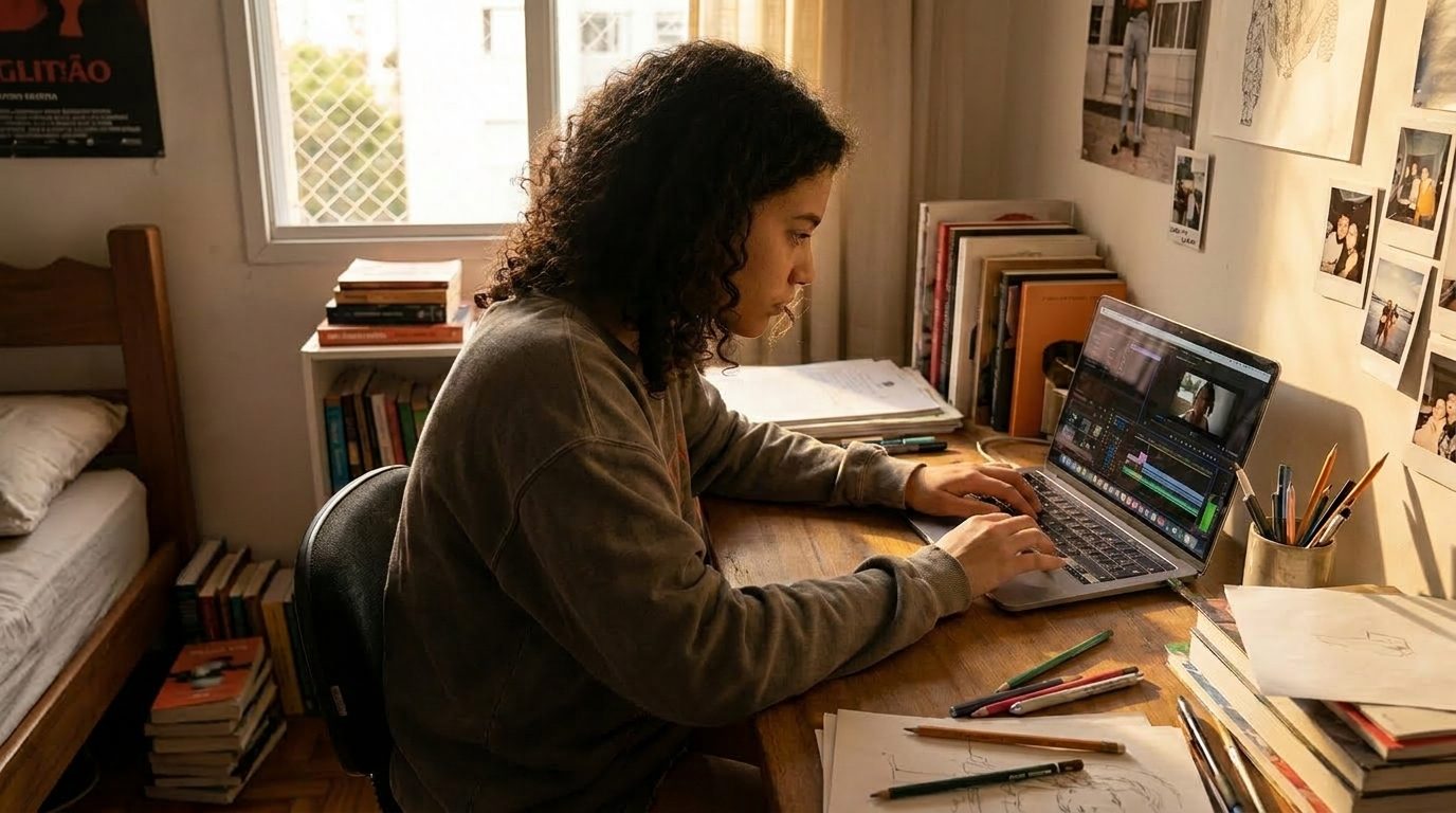 Edição de vídeo com IA em notebook — timeline de montagem de um vídeo feito com inteligência artificial