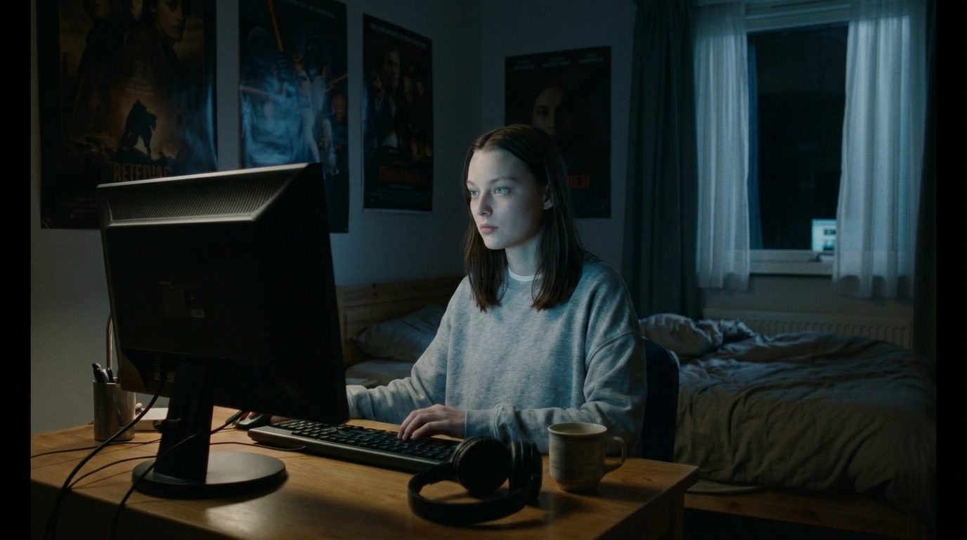 Jovem estudando no computador num quarto com pôsteres de filme — aprender a fazer cinema do zero em casa