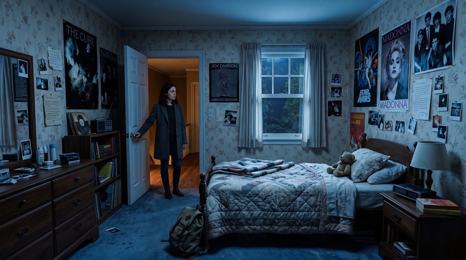 Jovem em um quarto cheio de pôsteres de filme e música — repertório e estudo