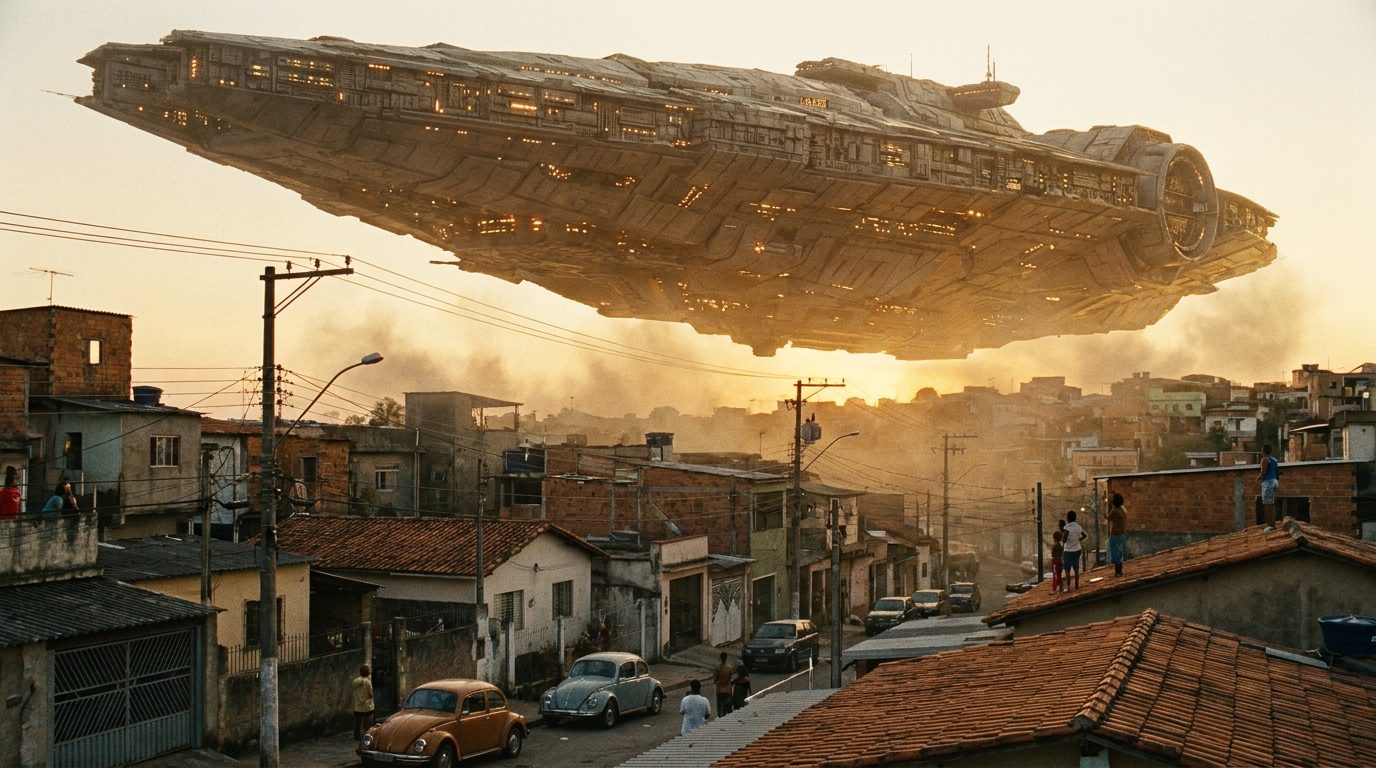 Nave gigante sobre um bairro brasileiro — cena de ficção científica feita com IA de vídeo