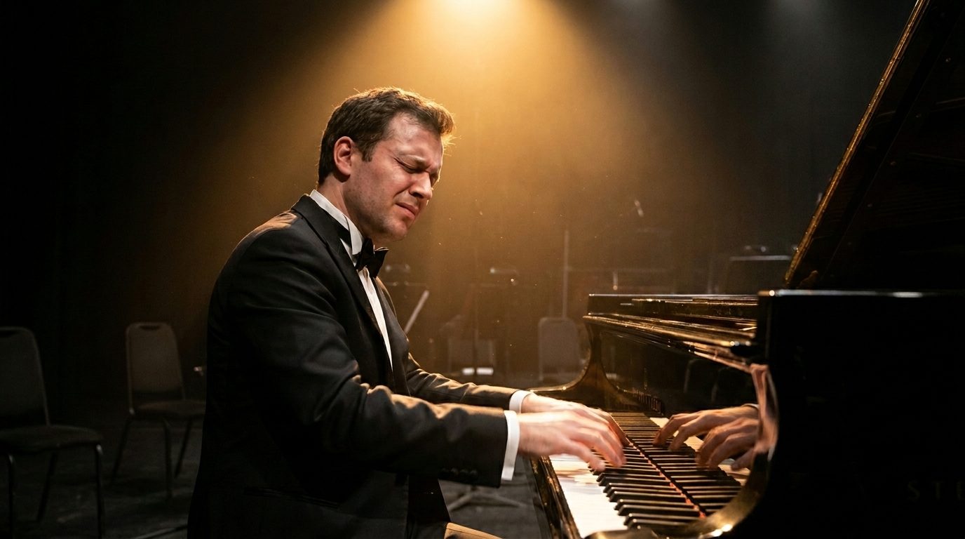Pianista tocando em um palco iluminado — trilha orquestrada de cinema