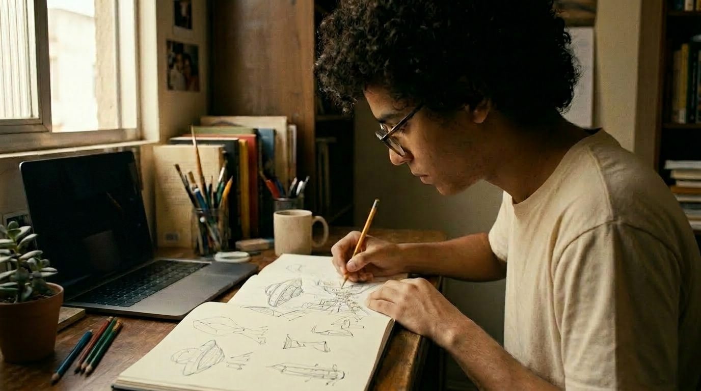 Criador desenhando o storyboard de um curta-metragem antes de gerar as cenas com IA