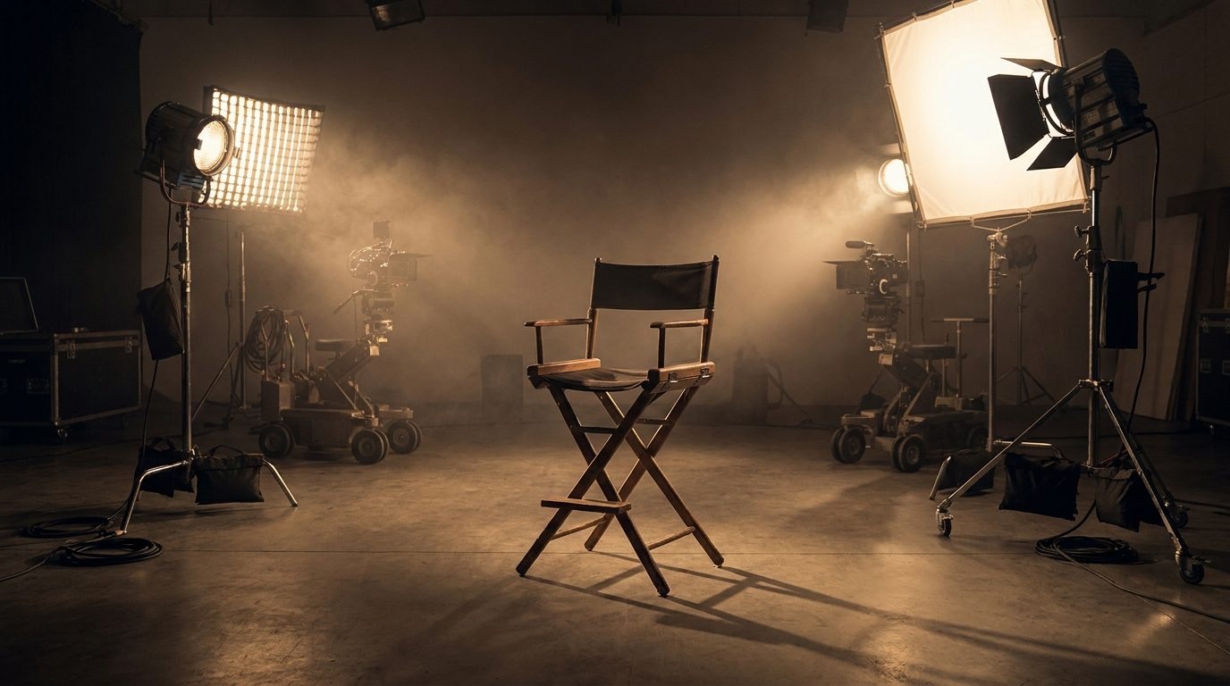 Set de cinema com refletores e câmeras — produção de filme com inteligência artificial pela CYBERMOVIE Studios