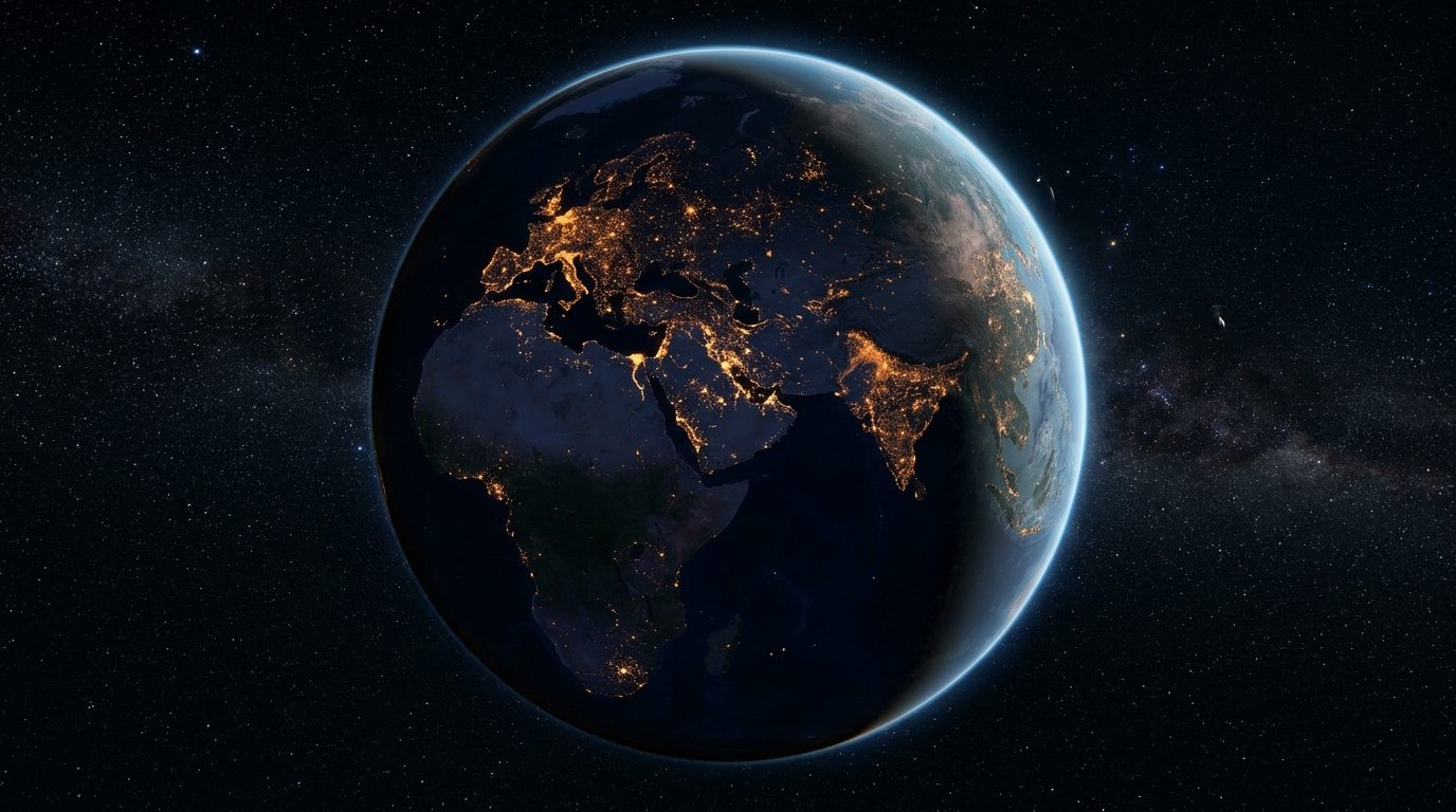 Planeta Terra visto do espaço à noite — o tipo de cena impossível que uma IA gera a partir de uma frase de texto