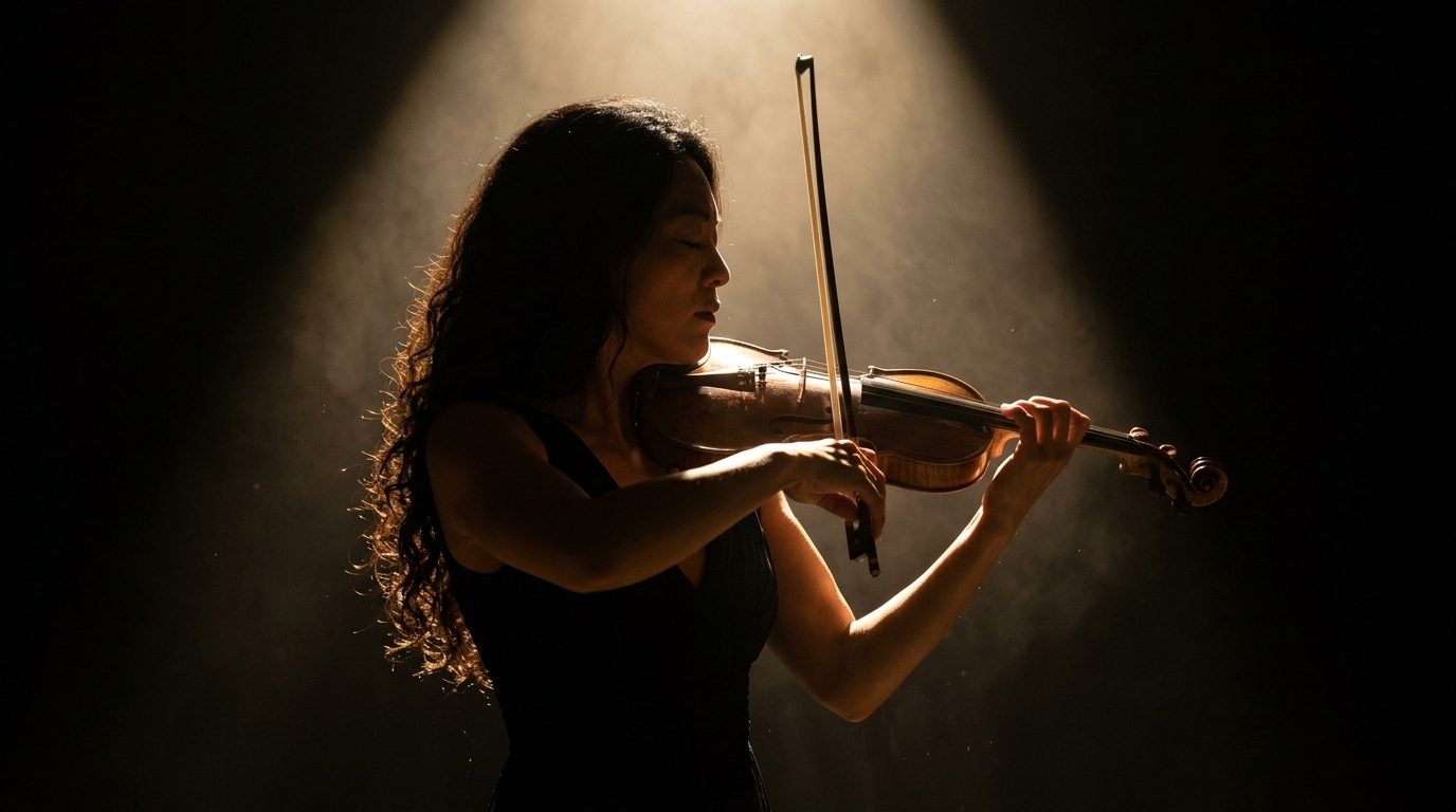 Violinista sob um feixe de luz — exemplo de iluminação e composição cinematográfica