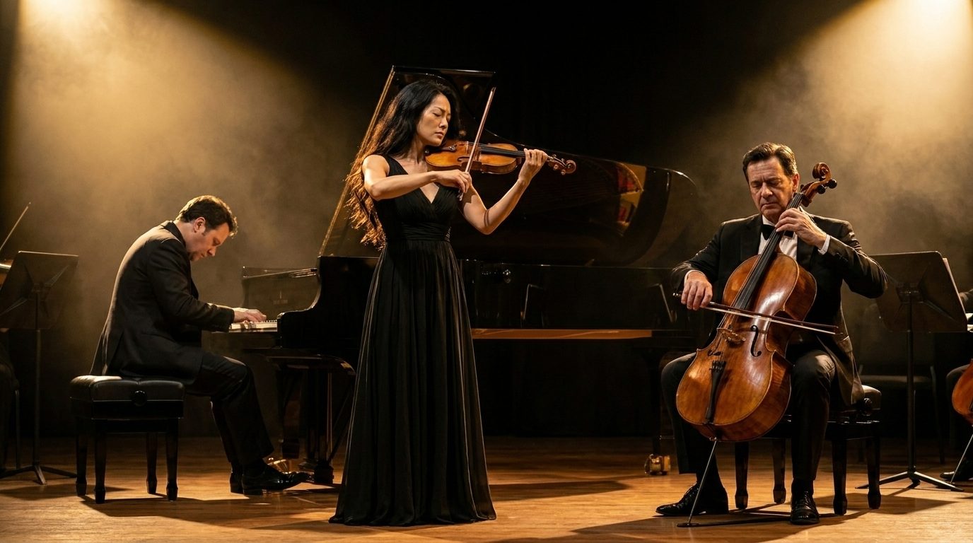 Trio de piano, violino e violoncelo em um palco — trilha sonora de cinema