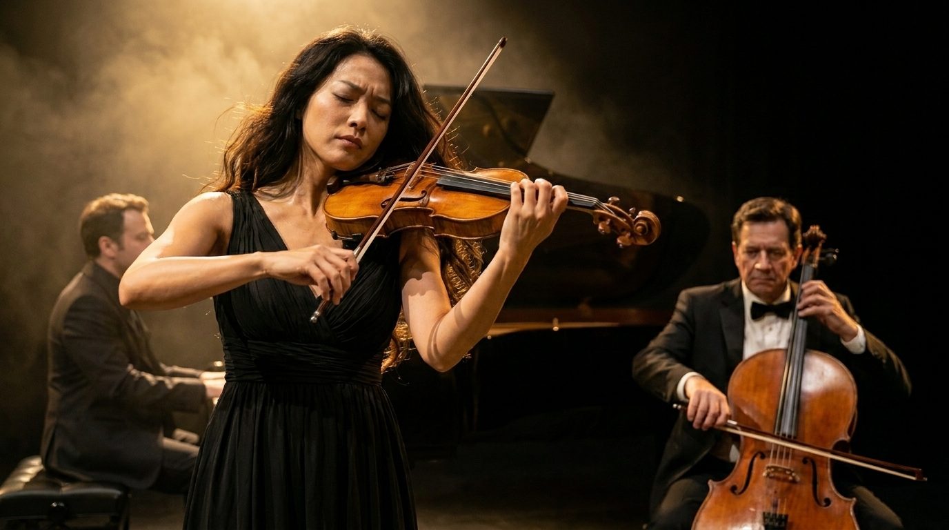 Trio musical em um palco — cena criada a partir de texto e refinada na montagem