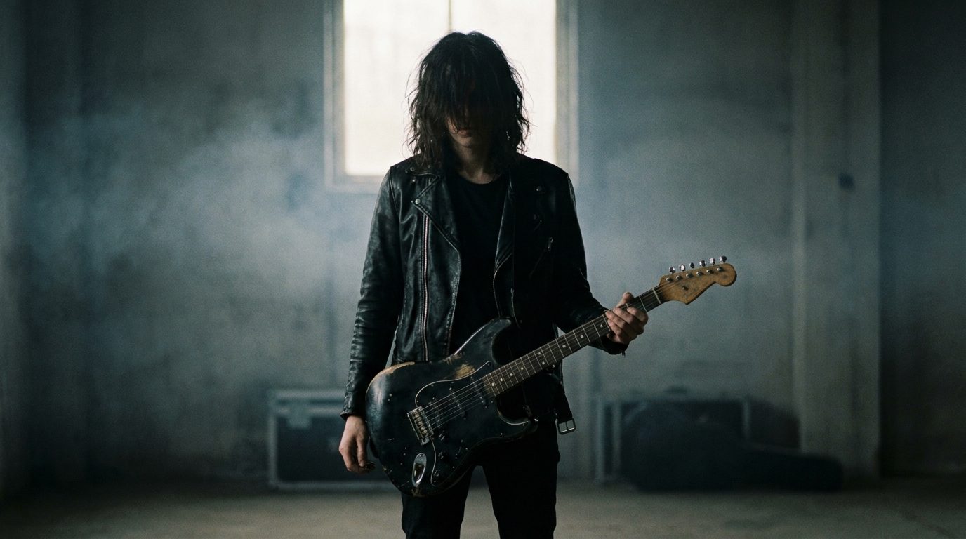 Guitarrista em galpão — videoclipe produzido com IA, um dos caminhos pra ganhar dinheiro com vídeo