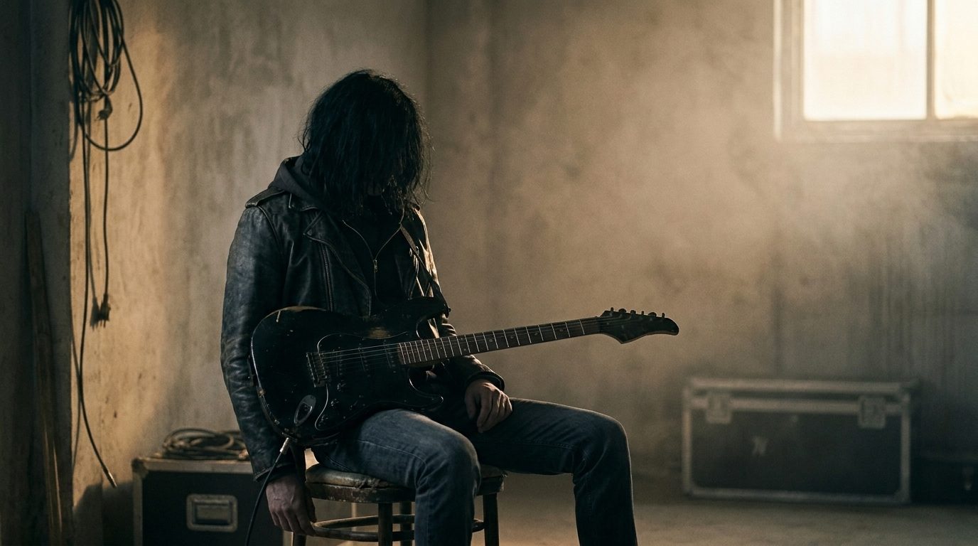 Guitarrista sentado sob um feixe de luz em um galpão — cena de videoclipe