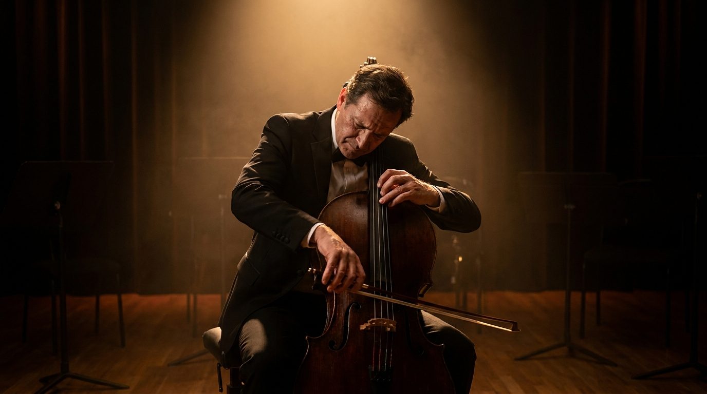Violoncelista em performance no palco — trilha e som dão vida ao filme